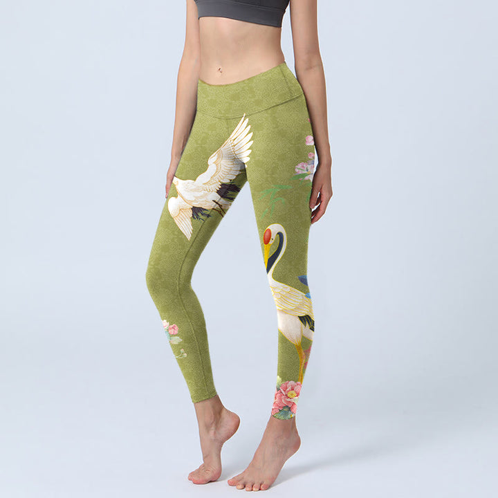 Leggings de yoga para mujer con estampado de bambú, pájaros, hibisco y Buddha Stones - Verde amarillento - US18，UK/AU22，EU50 (4XL) - image 0