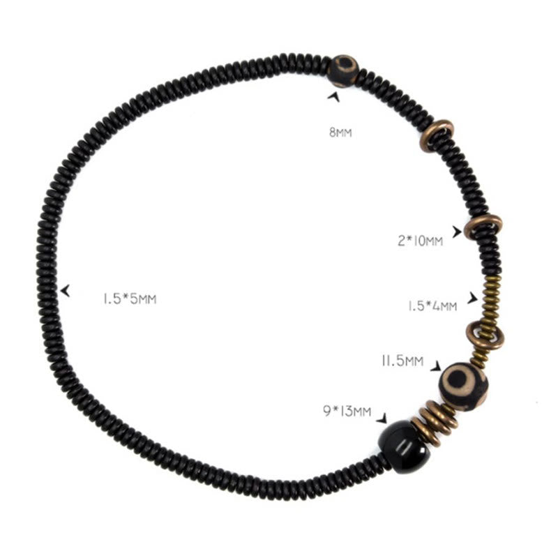 Pulsera de doble vuelta con cuentas Dzi de latón, cobre, sándalo verde, madera de ébano y Buddha Stones