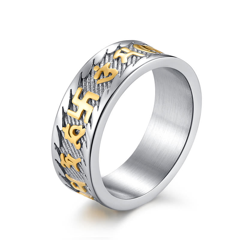 Anillo de la paz de acero y titanio con seis palabras verdaderas de Buddha Stones Om Mani Padme Hum Swastika