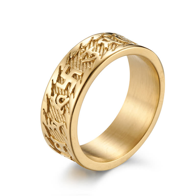 Anillo de la paz de acero y titanio con seis palabras verdaderas de Buddha Stones Om Mani Padme Hum Swastika