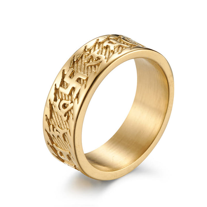 Anillo de la paz de acero y titanio con seis palabras verdaderas de Buddha Stones Om Mani Padme Hum Swastika