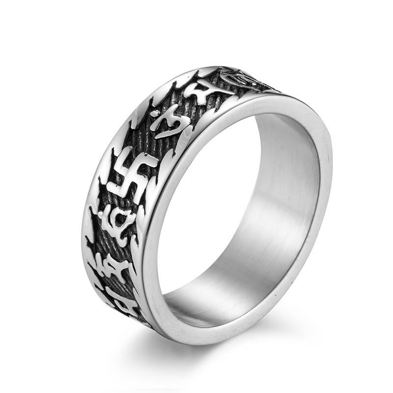 Anillo de la paz de acero y titanio con seis palabras verdaderas de Buddha Stones Om Mani Padme Hum Swastika