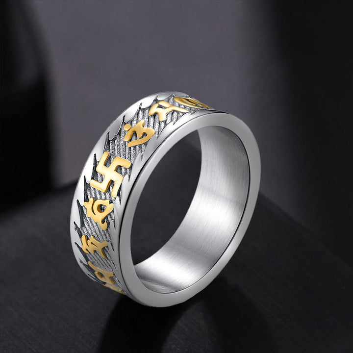 Anillo de la paz de acero y titanio con seis palabras verdaderas de Buddha Stones Om Mani Padme Hum Swastika