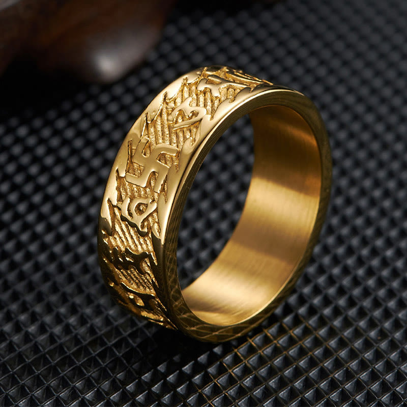 Anillo de la paz de acero y titanio con seis palabras verdaderas de Buddha Stones Om Mani Padme Hum Swastika