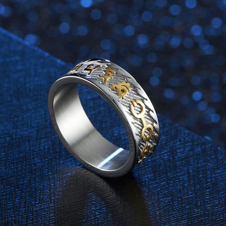 Anillo de la paz de acero y titanio con seis palabras verdaderas de Buddha Stones Om Mani Padme Hum Swastika