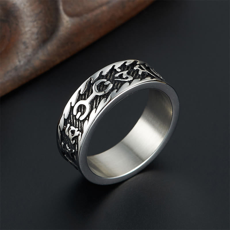 Anillo de la paz de acero y titanio con seis palabras verdaderas de Buddha Stones Om Mani Padme Hum Swastika