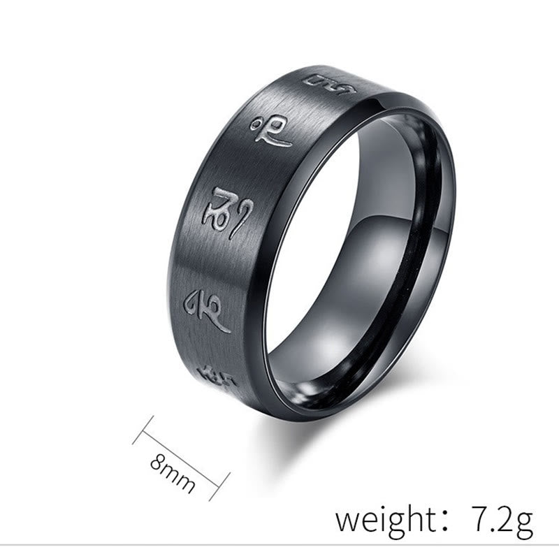 Anillo de equilibrio de acero y titanio con mantra Jambhala negro y Buddha Stones