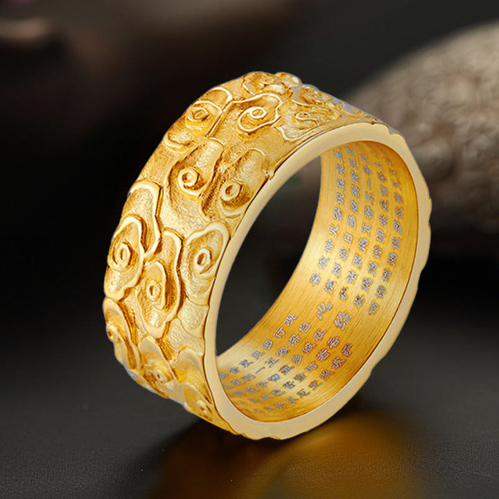 Anillo de acero de titanio con diseño de sutra de corazón grabado con nubes auspiciosas y Buddha Stones