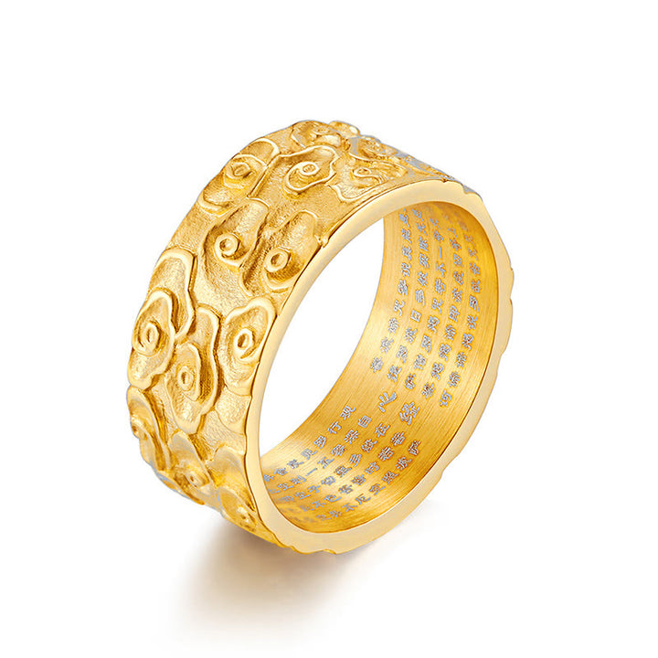 Anillo de acero de titanio con diseño de sutra de corazón grabado con nubes auspiciosas y Buddha Stones