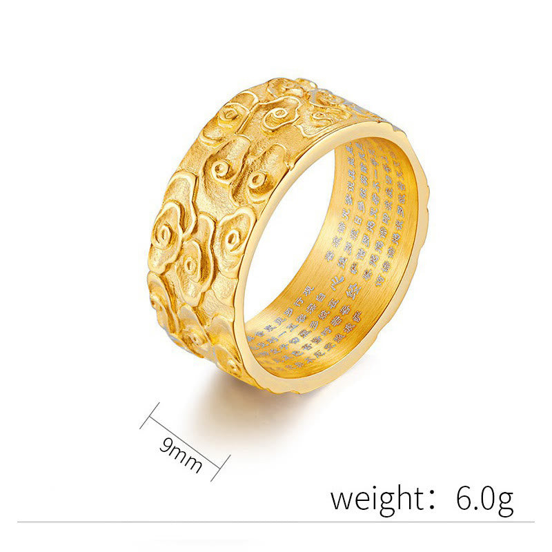 Anillo de acero de titanio con diseño de sutra de corazón grabado con nubes auspiciosas y Buddha Stones