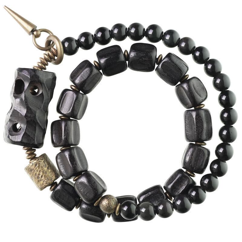Pulsera de doble vuelta con Buddha Stones, madera de ébano, obsidiana negra, cobre y latón