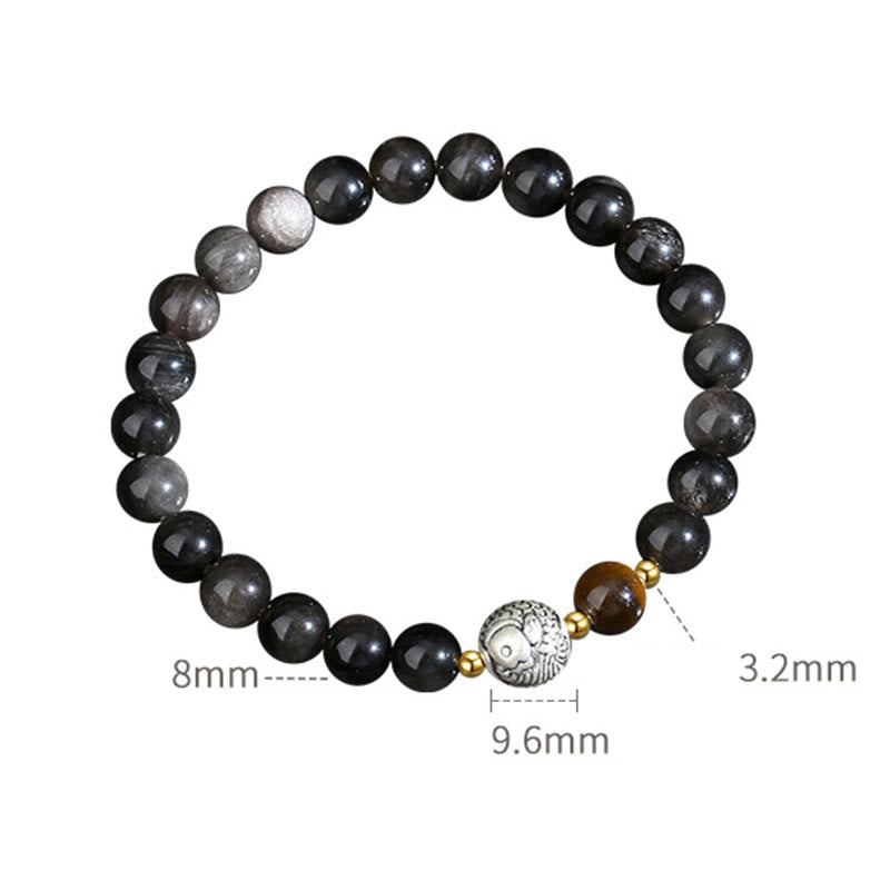 Pulsera purificadora de pez koi de plata de ley 925 con obsidiana negra y ojo de tigre de plata de ley 999 y Buddha Stones