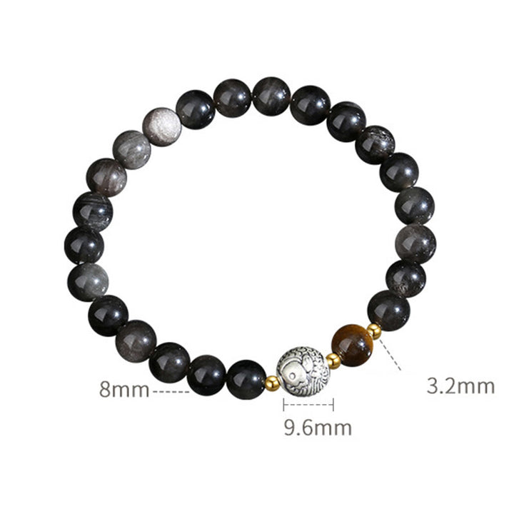 Pulsera purificadora de pez koi de plata de ley 925 con obsidiana negra y ojo de tigre de plata de ley 999 y Buddha Stones