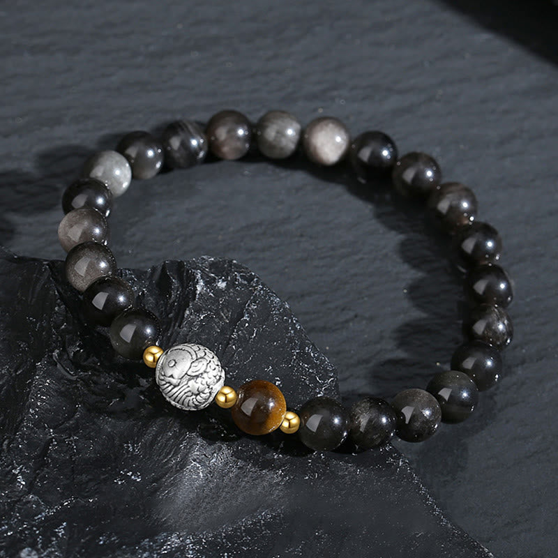 Pulsera purificadora de pez koi de plata de ley 925 con obsidiana negra y ojo de tigre de plata de ley 999 y Buddha Stones
