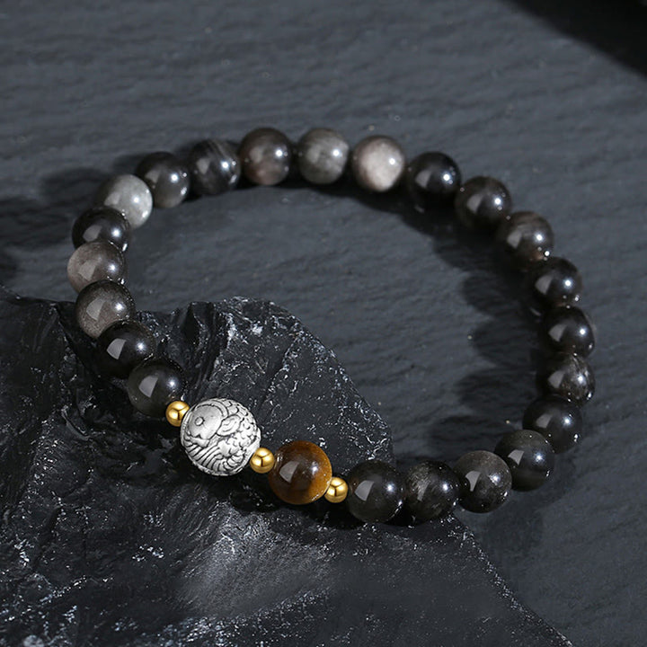 Pulsera purificadora de pez koi de plata de ley 925 con obsidiana negra y ojo de tigre de plata de ley 999 y Buddha Stones