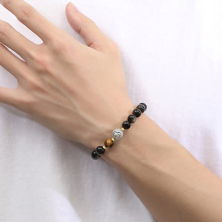 Pulsera purificadora de pez koi de plata de ley 925 con obsidiana negra y ojo de tigre de plata de ley 999 y Buddha Stones