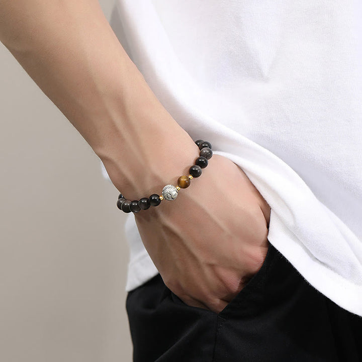 Pulsera purificadora de pez koi de plata de ley 925 con obsidiana negra y ojo de tigre de plata de ley 999 y Buddha Stones