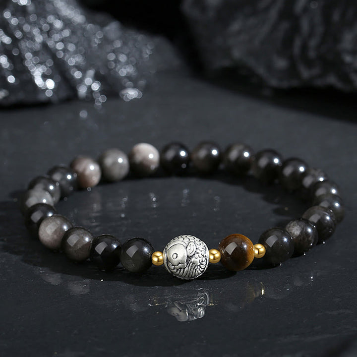 Pulsera purificadora de pez koi de plata de ley 925 con obsidiana negra y ojo de tigre de plata de ley 999 y Buddha Stones - Obsidiana negra, ojo de tigre en plata de ley 999 (circunferencia de la muñeca: 14-16,5 cm) - image 0
