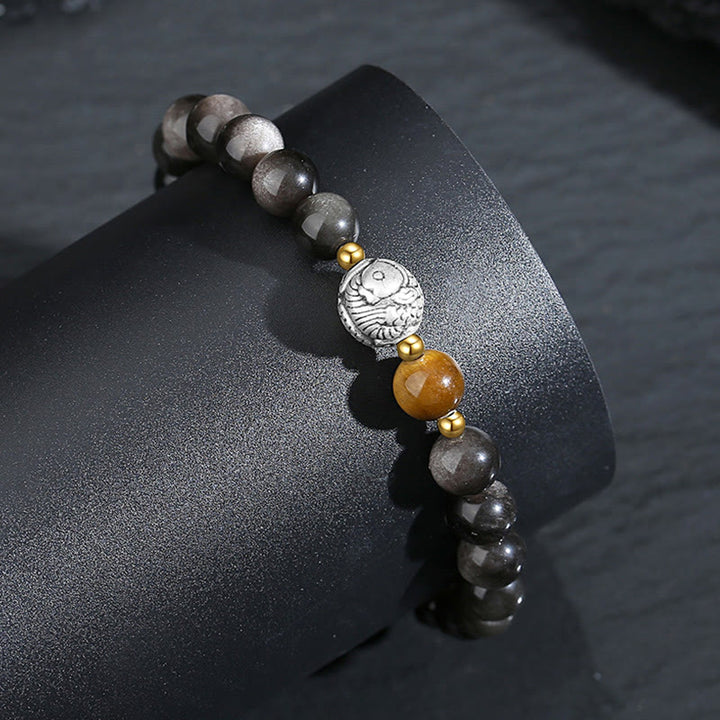 Pulsera purificadora de pez koi de plata de ley 925 con obsidiana negra y ojo de tigre de plata de ley 999 y Buddha Stones