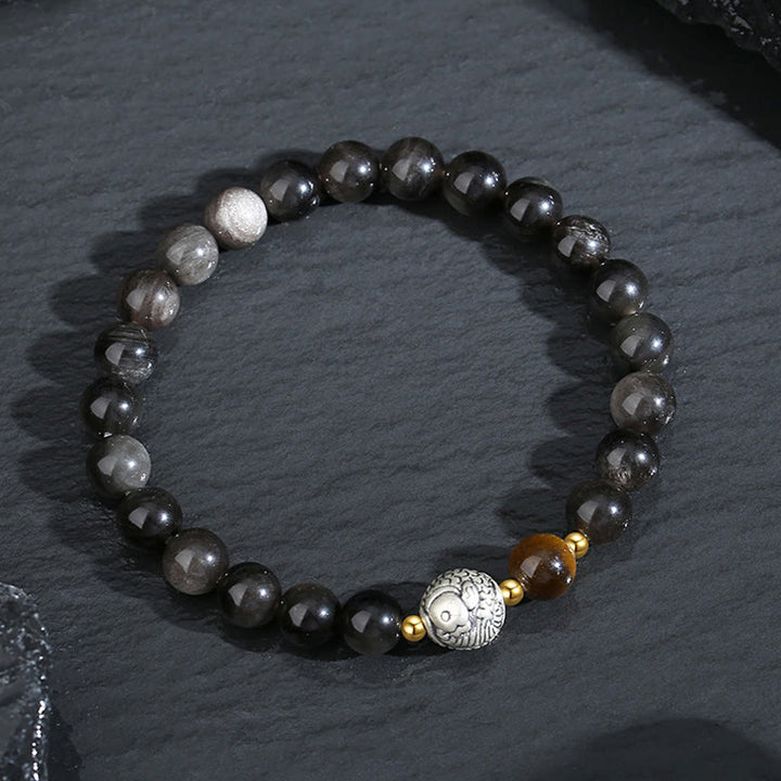 Pulsera purificadora de pez koi de plata de ley 925 con obsidiana negra y ojo de tigre de plata de ley 999 y Buddha Stones