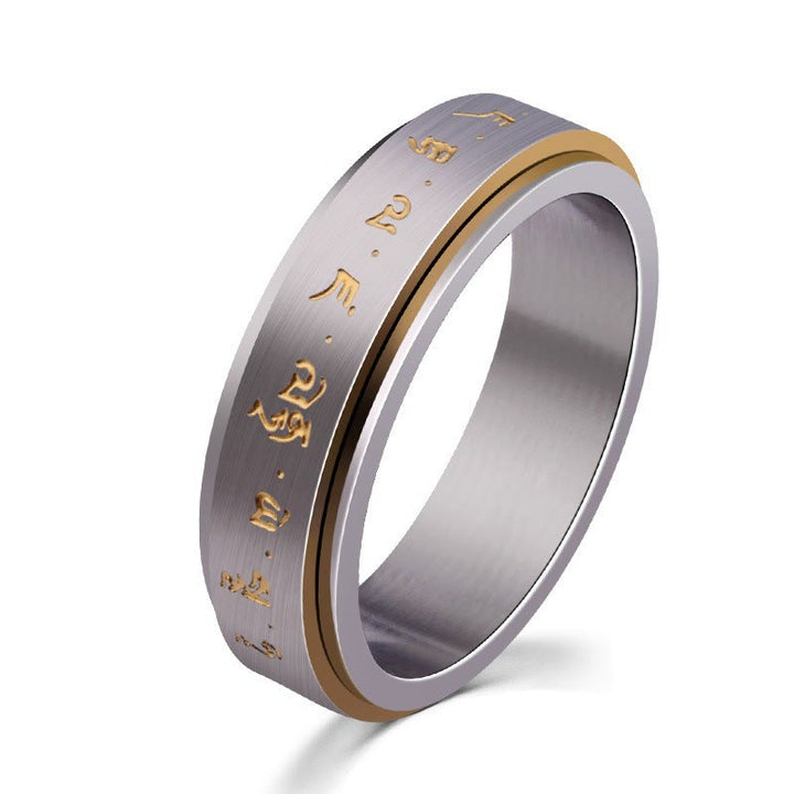 Anillo giratorio de equilibrio de acero y titanio con mantra tibetano y Buddha Stones