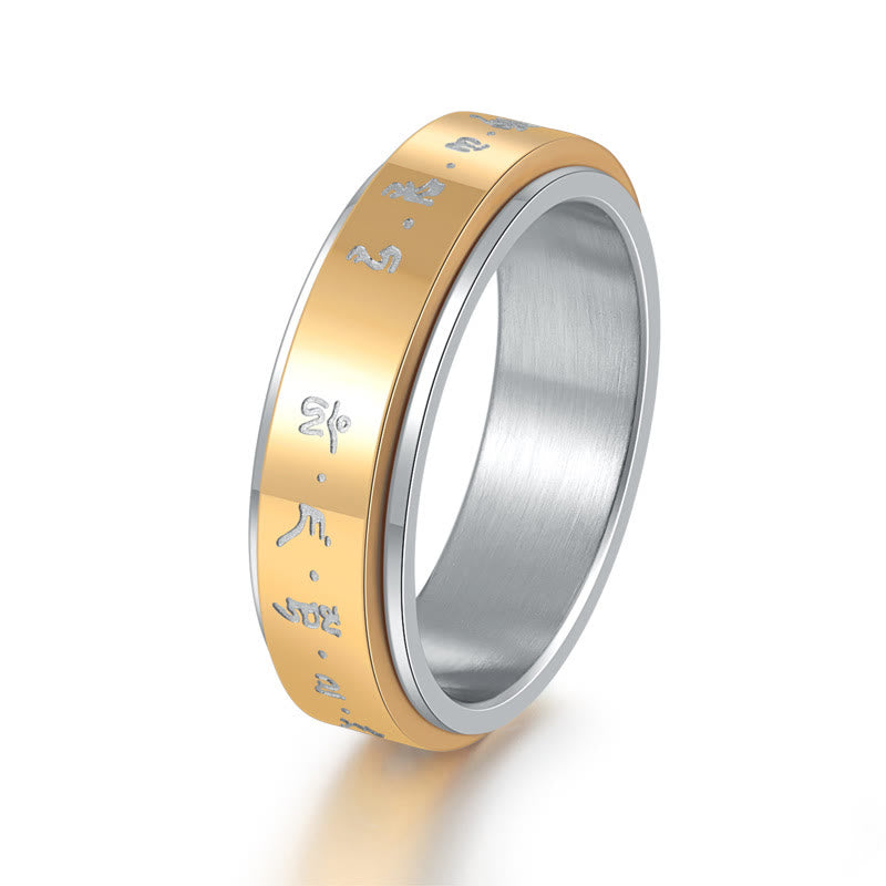Anillo giratorio de equilibrio de acero y titanio con mantra tibetano y Buddha Stones