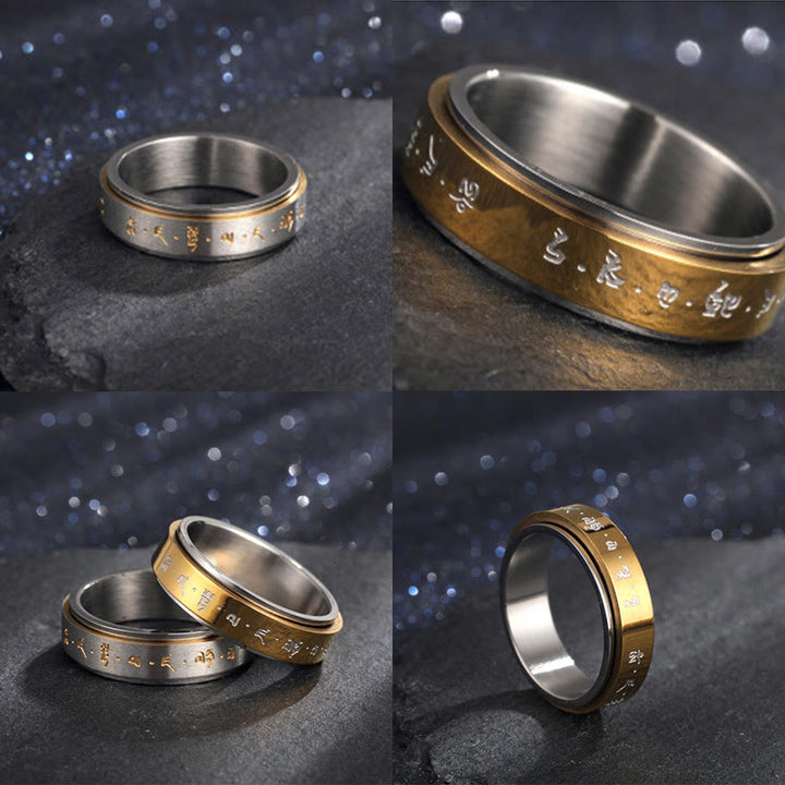 Anillo giratorio de equilibrio de acero y titanio con mantra tibetano y Buddha Stones
