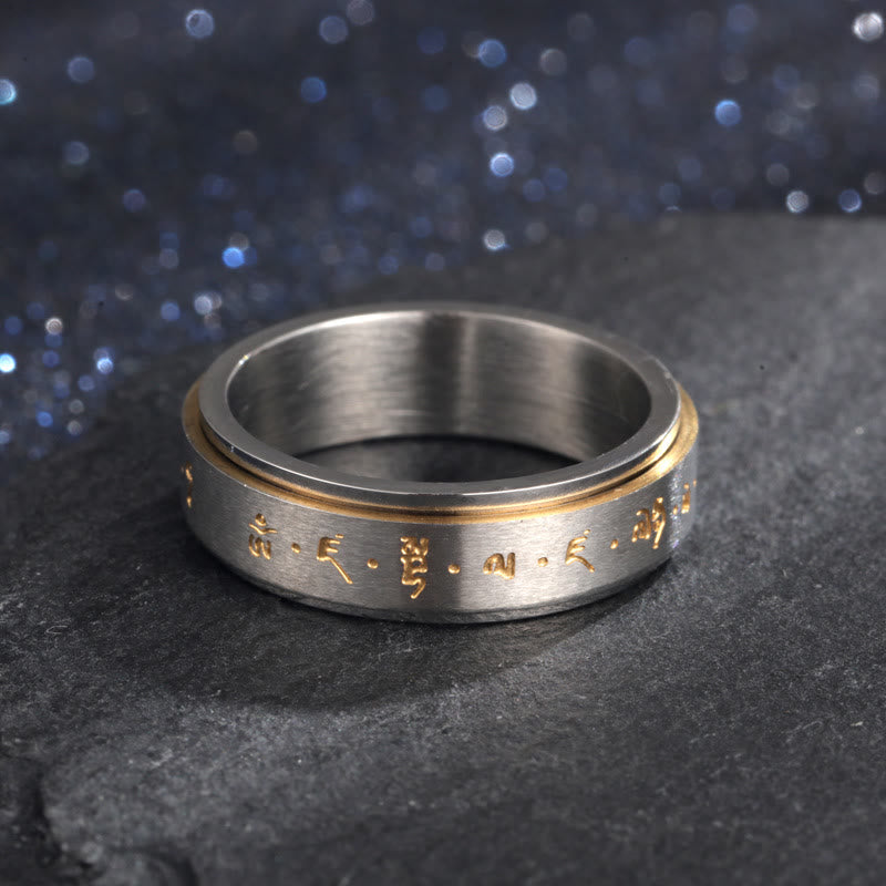 Anillo giratorio de equilibrio de acero y titanio con mantra tibetano y Buddha Stones