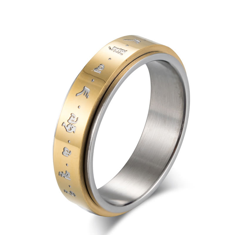 Anillo giratorio de equilibrio de acero y titanio con mantra tibetano y Buddha Stones