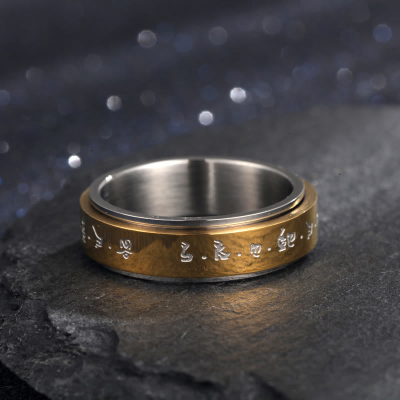 Anillo giratorio de equilibrio de acero y titanio con mantra tibetano y Buddha Stones
