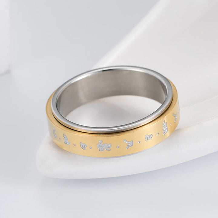 Anillo giratorio de equilibrio de acero y titanio con mantra tibetano y Buddha Stones