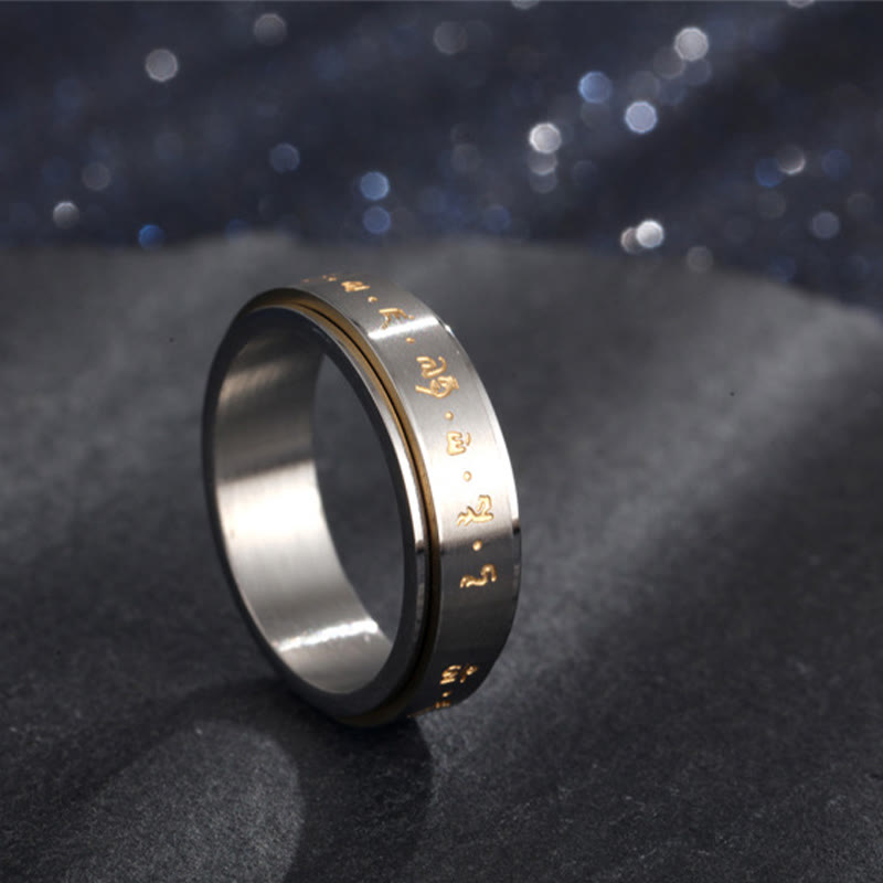 Anillo giratorio de equilibrio de acero y titanio con mantra tibetano y Buddha Stones