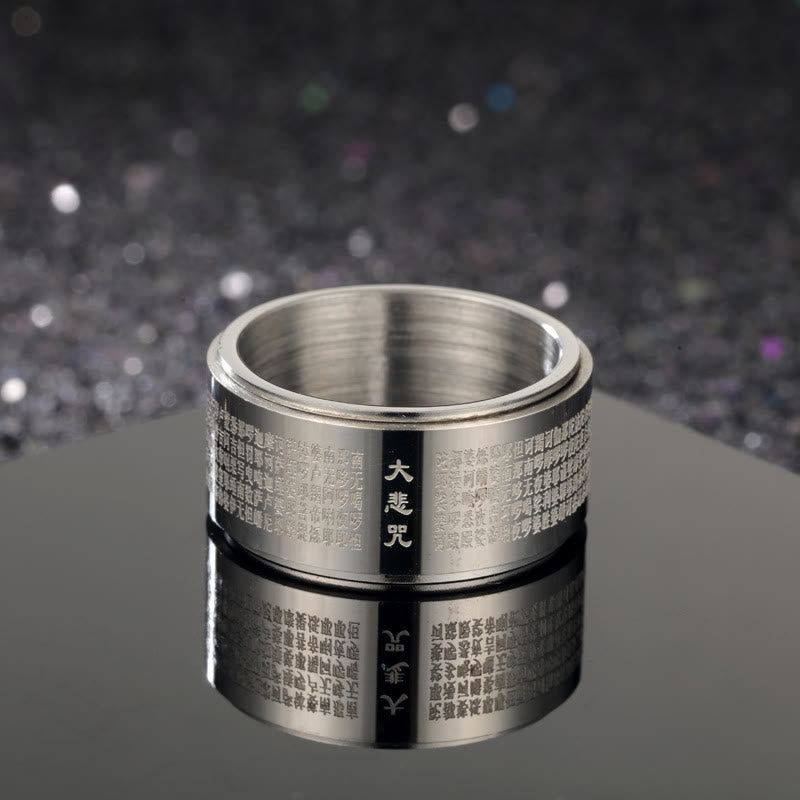 Anillo giratorio reforzado de acero de titanio tallado con mantra de gran compasión y Buddha Stones