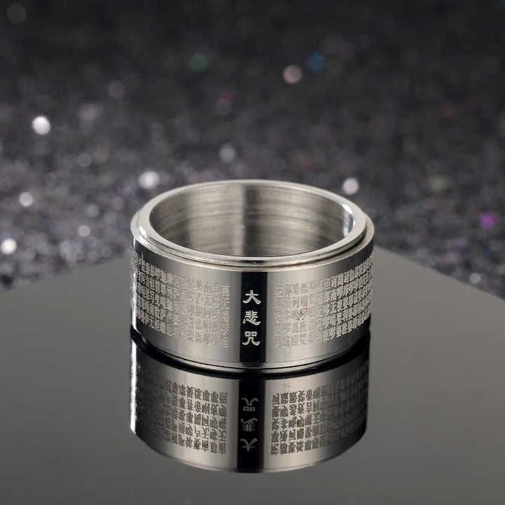 Anillo giratorio reforzado de acero de titanio tallado con mantra de gran compasión y Buddha Stones