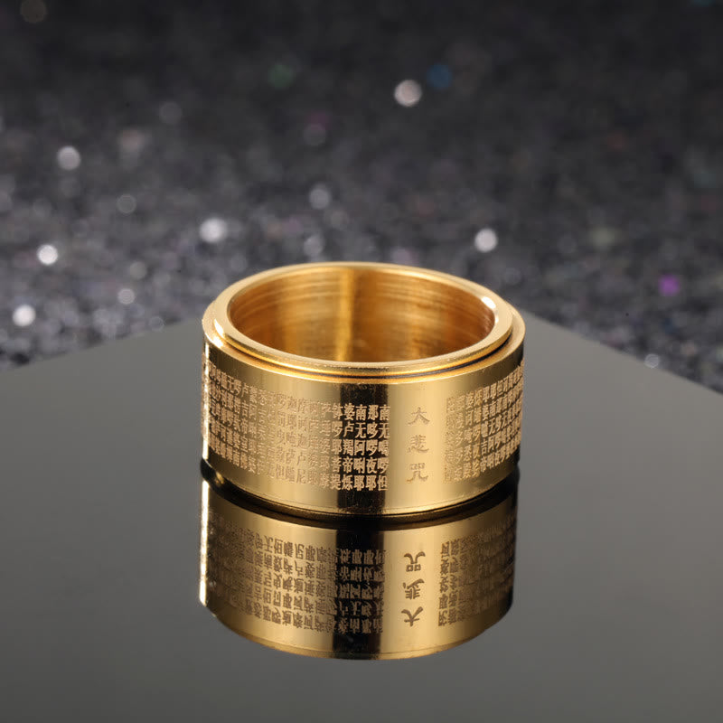 Anillo giratorio reforzado de acero de titanio tallado con mantra de gran compasión y Buddha Stones