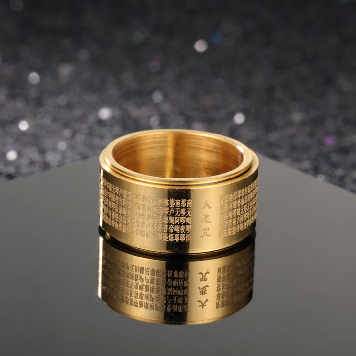 Anillo giratorio reforzado de acero de titanio tallado con mantra de gran compasión y Buddha Stones