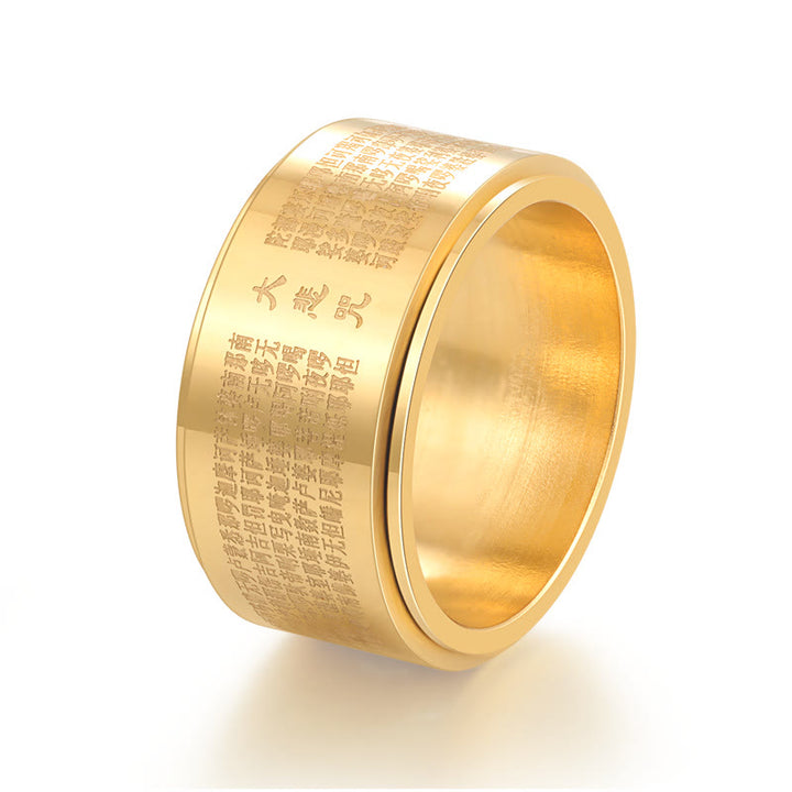 Anillo giratorio reforzado de acero de titanio tallado con mantra de gran compasión y Buddha Stones