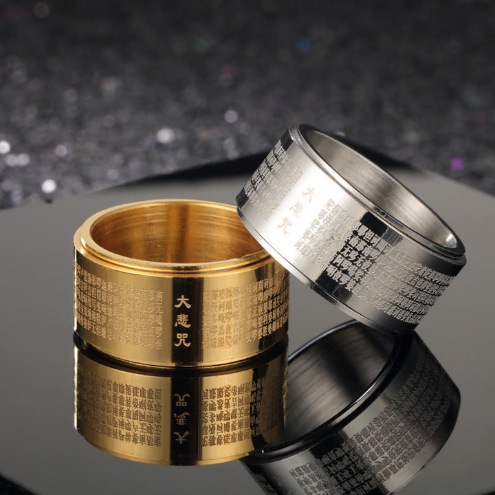 Anillo giratorio reforzado de acero de titanio tallado con mantra de gran compasión y Buddha Stones