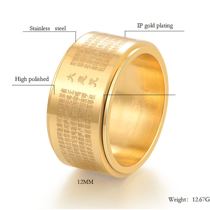 Anillo giratorio reforzado de acero de titanio tallado con mantra de gran compasión y Buddha Stones