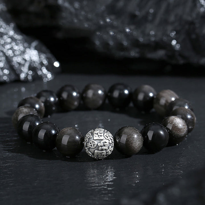 Pulsera de plata de ley 999 con obsidiana negra y Buddha Stones que transforma el carácter Fu
