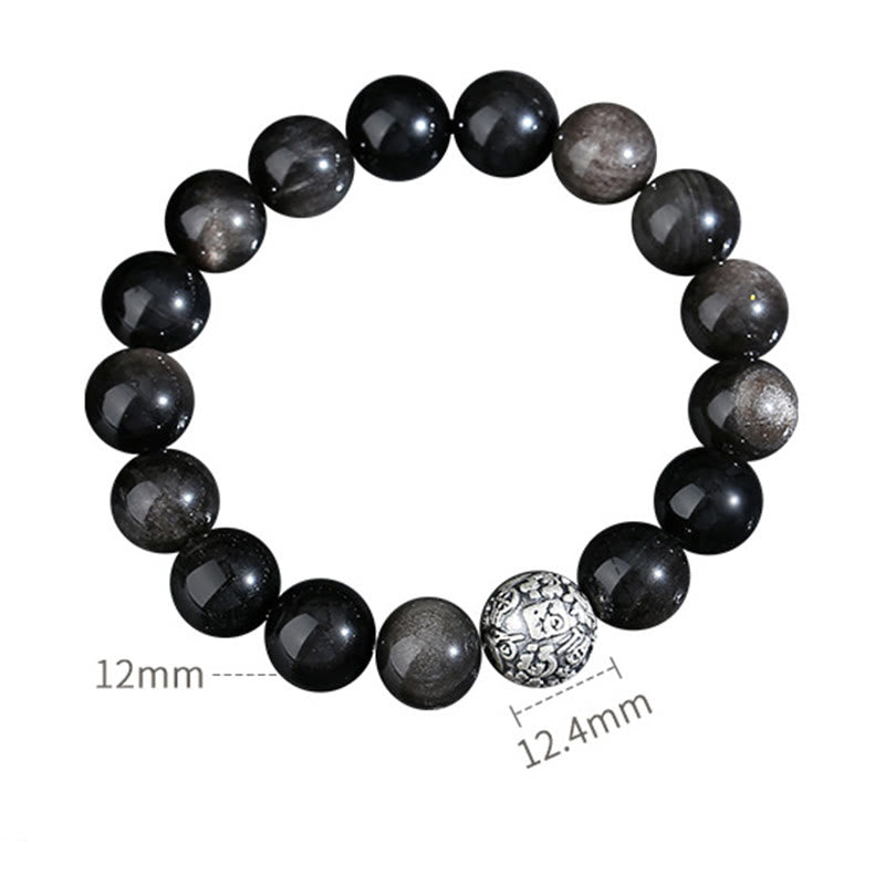 Pulsera de plata de ley 999 con obsidiana negra y Buddha Stones que transforma el carácter Fu