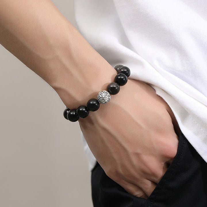 Pulsera de plata de ley 999 con obsidiana negra y Buddha Stones que transforma el carácter Fu