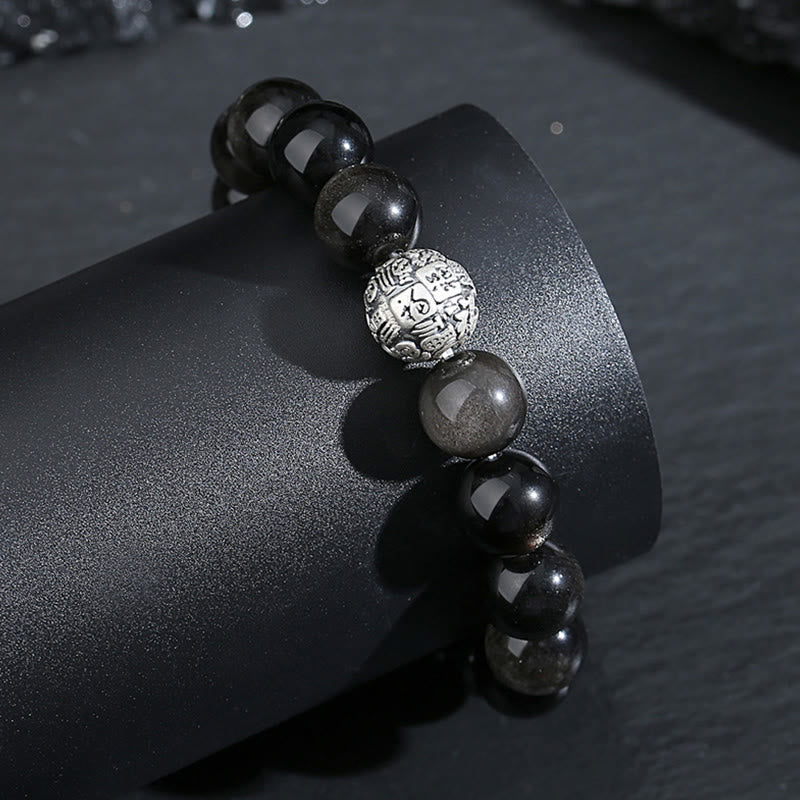 Pulsera de plata de ley 999 con obsidiana negra y Buddha Stones que transforma el carácter Fu
