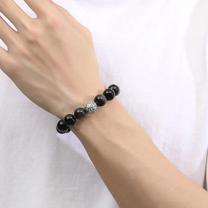 Pulsera de plata de ley 999 con obsidiana negra y Buddha Stones que transforma el carácter Fu