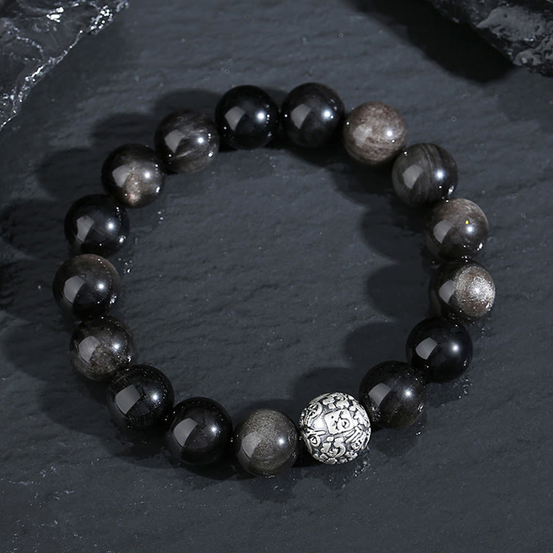 Pulsera de plata de ley 999 con obsidiana negra y Buddha Stones que transforma el carácter Fu