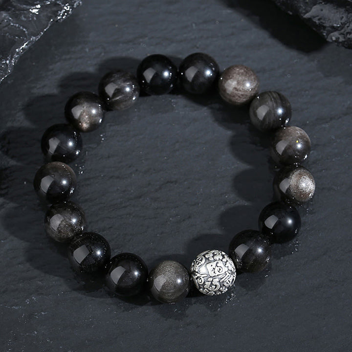 Pulsera de plata de ley 999 con obsidiana negra y Buddha Stones que transforma el carácter Fu