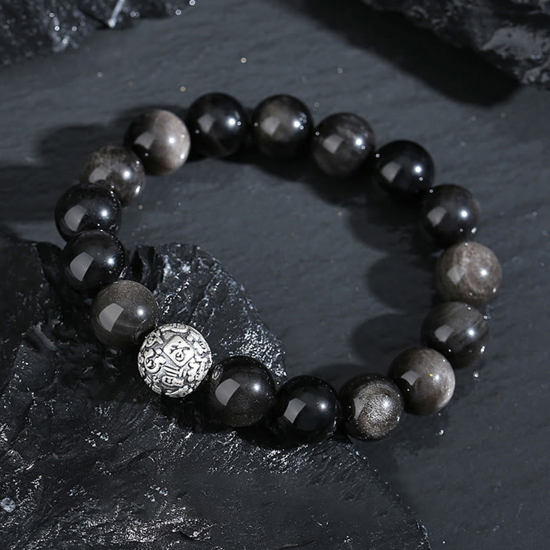 Pulsera de plata de ley 999 con obsidiana negra y Buddha Stones que transforma el carácter Fu
