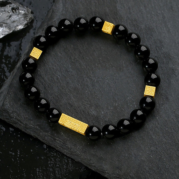 Pulsera de fuerza con forma de cubo y personaje Fu en plata de ley 925 con obsidiana negra y Buddha Stones