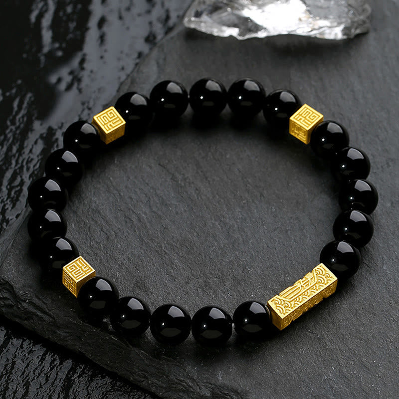 Pulsera de fuerza con forma de cubo y personaje Fu en plata de ley 925 con obsidiana negra y Buddha Stones - image 2