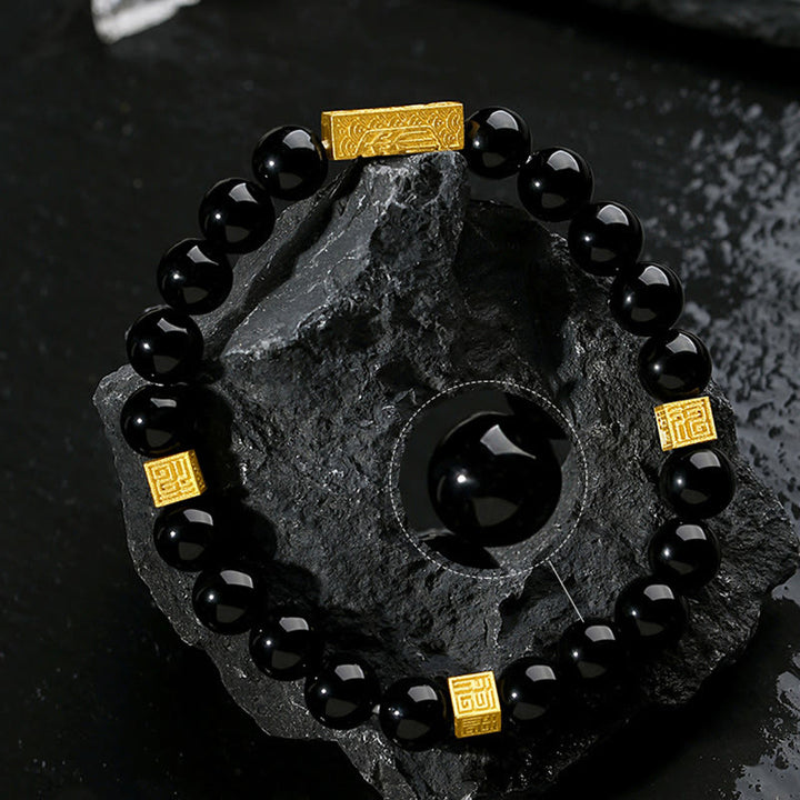 Pulsera de fuerza con forma de cubo y personaje Fu en plata de ley 925 con obsidiana negra y Buddha Stones